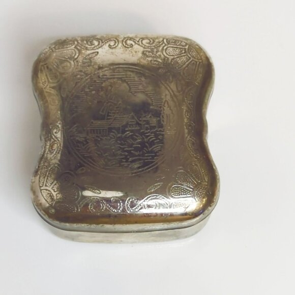 Vintage Silver Plate Trinket Pill Box Engraved with Windmill Dutch Scene - Picture 2 of 7